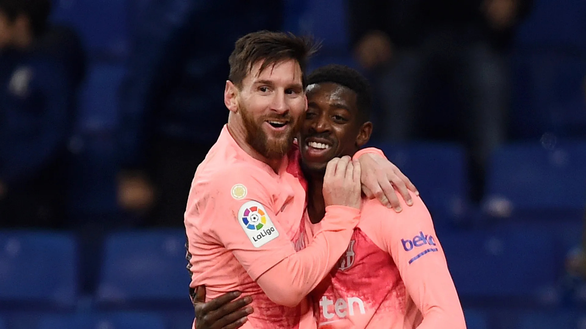 Lionel Messi and Ousmane Dembele during a Barcelona game.