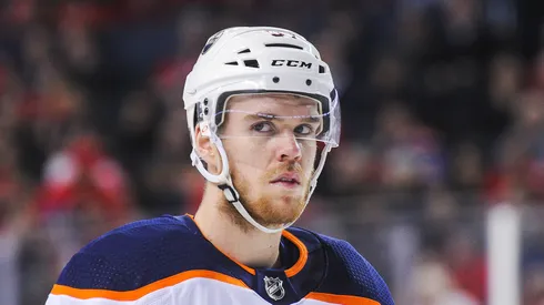 Connor McDavid at Scotiabank Saddledome on March 13, 2018 in Calgary, Alberta, Canada.