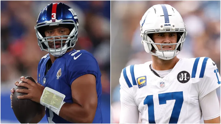 Russell Wilson (left) of the New York Giants and Daniel Jones (right) of the Indianapolis Colts
