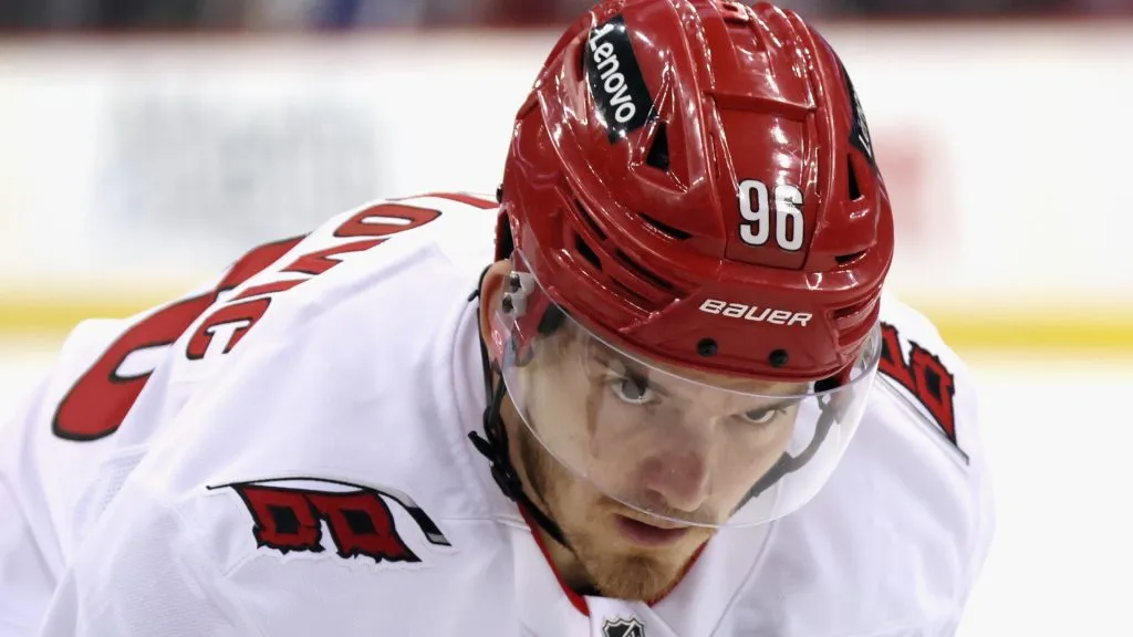 Jack Roslovic #96 of the Carolina Hurricanes plays in an NHL game. (Photo by Bruce Bennett/Getty Images)