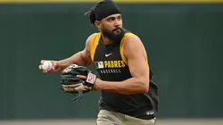 Fernando Tatis Jr. #23 of the San Diego Padres warms up.