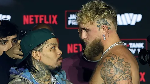 Gervonta 'Tank" Davis and Jake Paul face off during a press conference.