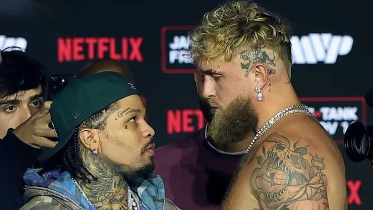 Gervonta 'Tank" Davis and Jake Paul face off during a press conference.