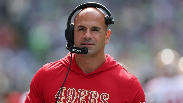 Robert Saleh of the San Francisco 49ers looks on during the second quarter in 2025.