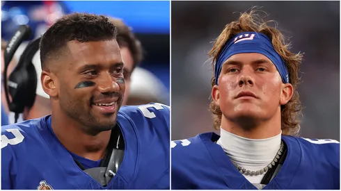 Russell Wilson and Jaxson Dart of the Giants