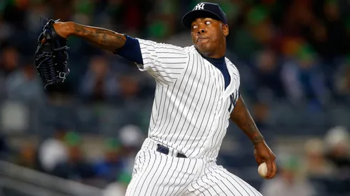 Aroldis Chapman #54 of the New York Yankees pitches in the ninth inning in 2016.