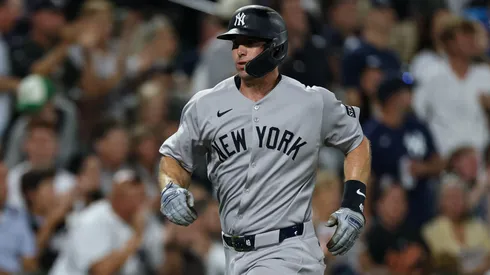 Paul Goldschmidt #48 of the New York Yankees scores a run against the Baltimore Orioles.