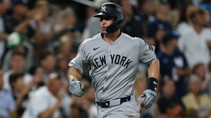 Paul Goldschmidt #48 of the New York Yankees scores a run against the Baltimore Orioles.