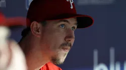 Walker Buehler #31 of the Philadelphia Phillies watches a video.