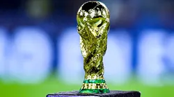A detailed view of the FIFA World Cup Trophy.