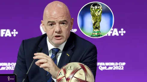FIFA President Gianni Infantino and A detailed view of the FIFA World Cup Trophy.