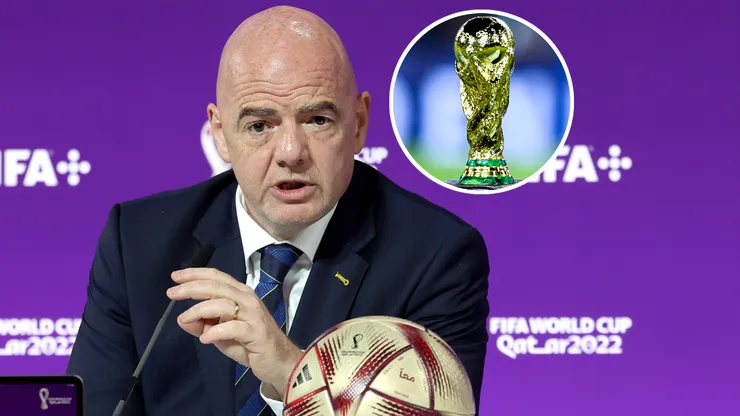 FIFA President Gianni Infantino and A detailed view of the FIFA World Cup Trophy.
