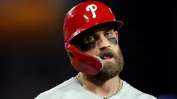Bryce Harper reacts during an MLB game at Citizens Bank Park.