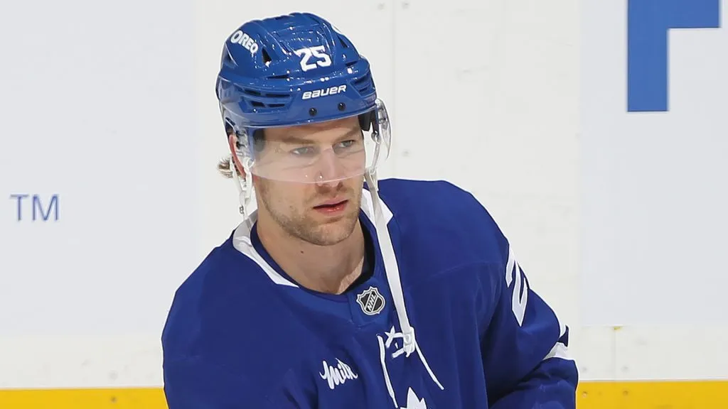 Brandon Carlo at Scotiabank Arena on April 12, 2025 in Toronto, Ontario, Canada.