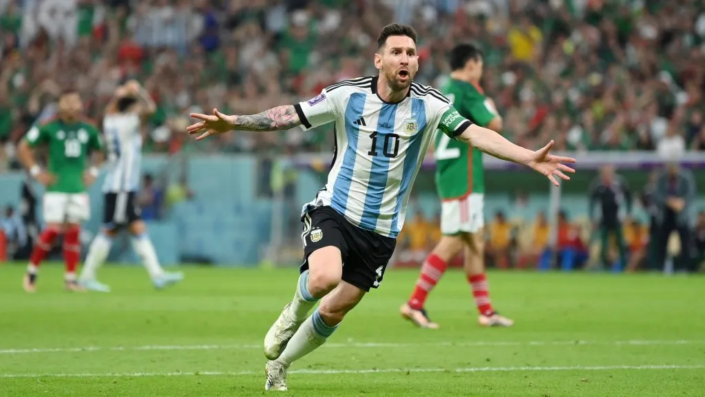 Lionel Messi of Argentina celebrates scoring against Mexico at the 2022 World Cup. (Dan Mullan/Getty Images)