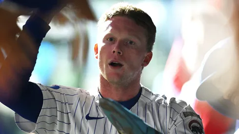 Pete Crow-Armstrong #4 of the Chicago Cubs celebrates scoring.