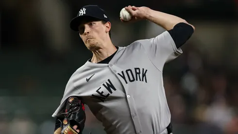 Max Fried #54 of the New York Yankees pitches against the Baltimore Orioles.