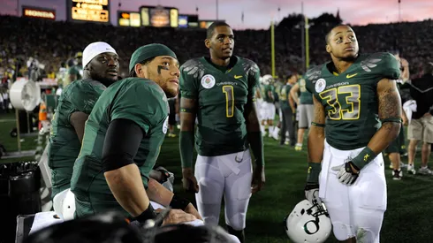 LeGarrette Blount, Jeremiah Masoli, Darron Thomas and Tyrell Irvin of the Oregon Ducks in 2010.