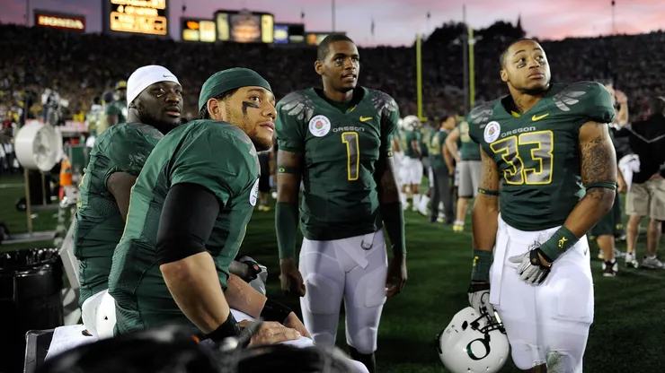 LeGarrette Blount, Jeremiah Masoli, Darron Thomas and Tyrell Irvin of the Oregon Ducks in 2010.