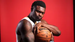 Zion Williamson pose for a photo during New Orleans Pelicans' media day.