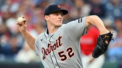 Starting pitcher Troy Melton #52 of the Detroit Tigers pitches during the first inning against the Cleveland Guardians.