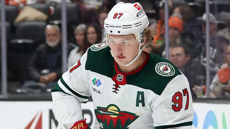 Kirill Kaprizov #97 of the Minnesota Wild controls the puck.