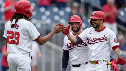 Luis García Jr., James Wood and Juan Yepez of the Washington Nationals in 2024.