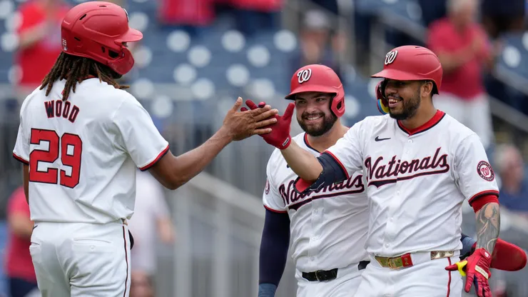 Luis García Jr., James Wood and Juan Yepez of the Washington Nationals in 2024.