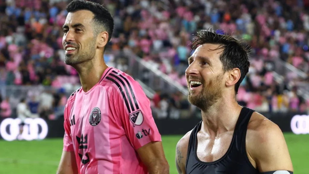 Lionel Messi and Sergio Busquets looking up with Inter Miami