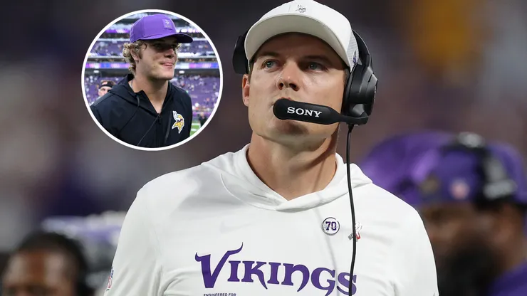 Head coach Kevin O'Connell and J.J. McCarthy #9 of the Minnesota Vikings.