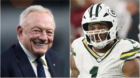 Owner Jerry Jones of the Dallas Cowboys and Micah Parsons #1 of the Green Bay Packers.