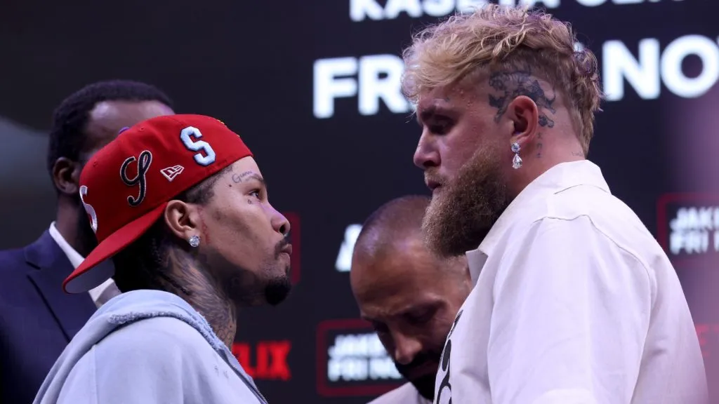 Gervonta “Tank” Davis and Jake Paul face off at news conference for their exhibition match. (Photo by Leonardo Fernandez/Getty Images)