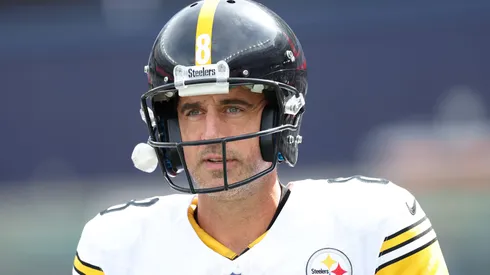 Aaron Rodgers #8 of the Pittsburgh Steelers looks on against the New England Patriots.