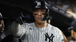 Aaron Judge #99 of the New York Yankees celebrates after hitting a two run home run against the Baltimore Orioles.