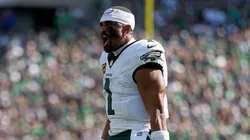 Jalen Hurts #1 of the Philadelphia Eagles reacts.