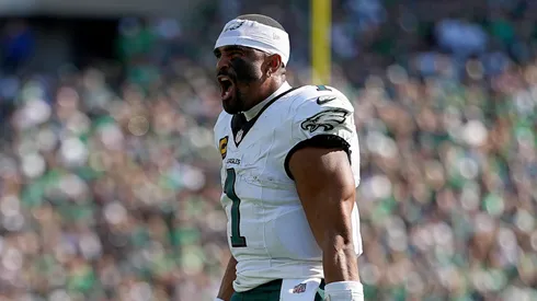 Jalen Hurts #1 of the Philadelphia Eagles reacts.
