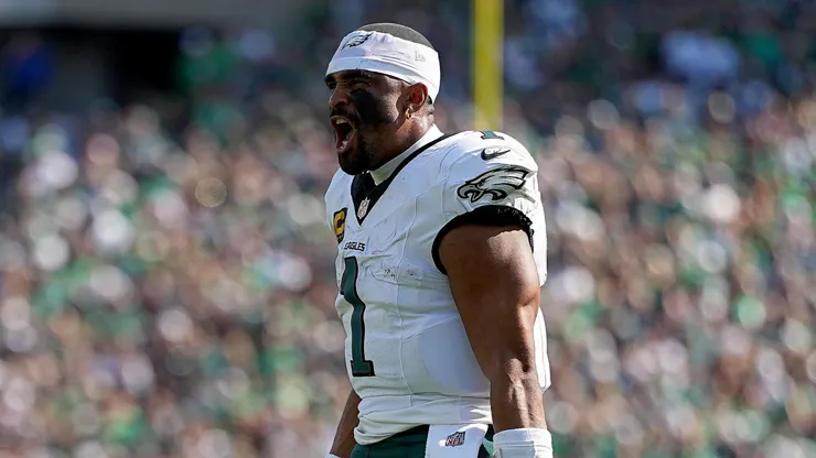 Jalen Hurts #1 of the Philadelphia Eagles reacts.