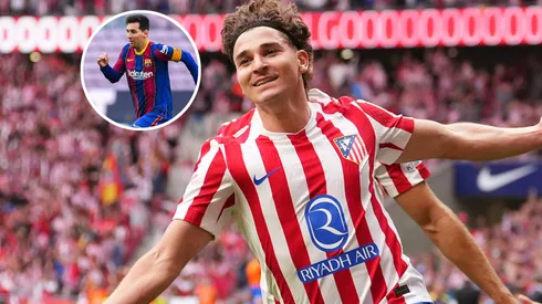 Julian Alvarez of Atletico de Madrid and Lionel Messi of FC Barcelona.