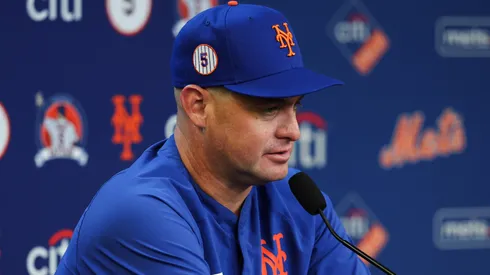 Manager Carlos Mendoza of the New York Mets speaks to media.