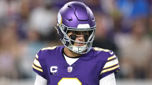 J.J. McCarthy #9 of the Minnesota Vikings looks on against the Atlanta Falcons.