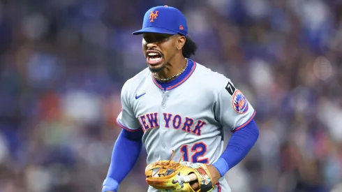 Francisco Lindor #12 of the New York Mets reacts.
