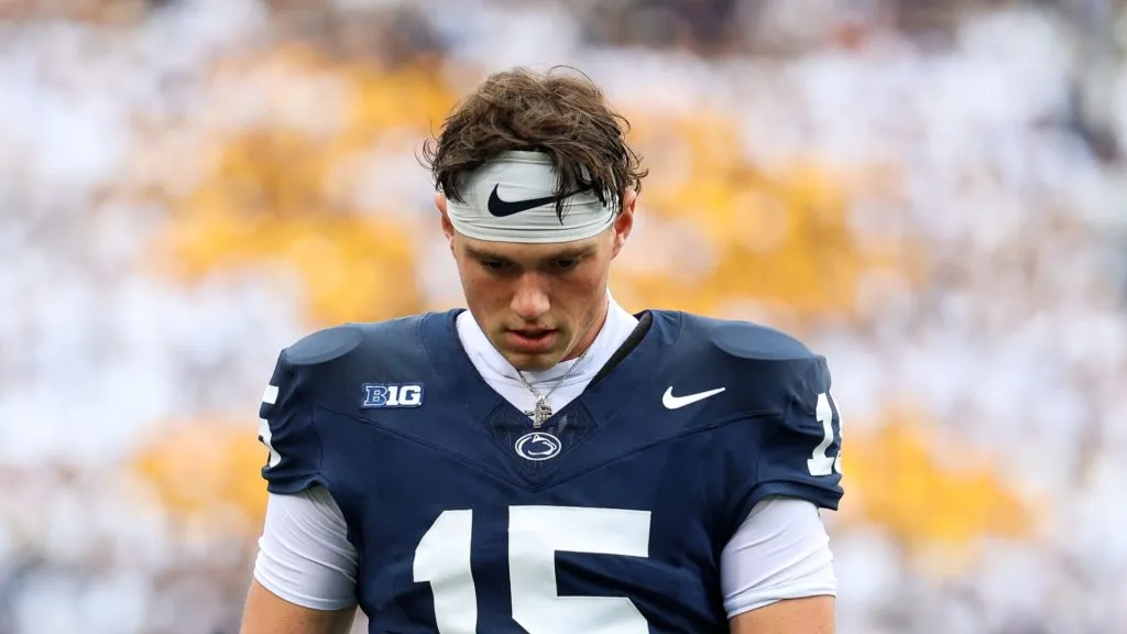 Drew Allar #15 of the Penn State Nittany Lions looks on before taking on the FIU Panthers at Beaver Stadium on September 6, 2025 in State College, Pennsylvania.