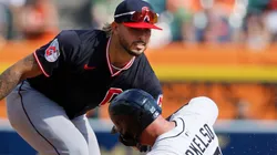 Shortstop Gabriel Arias #13 of the Cleveland Guardians tags out Spencer Torkelson #20 of the Detroit Tigers.