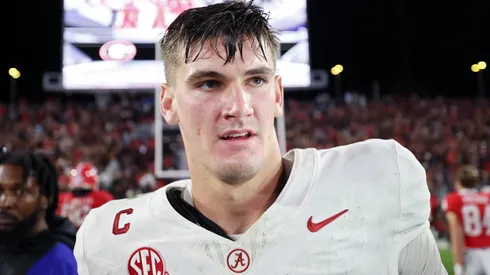 Ty Simpson #15 of the Alabama Crimson Tide.