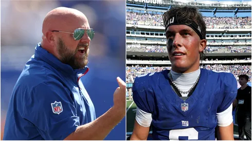 Head coach Brian Daboll and Jaxson Dart #6 of the New York Giants.