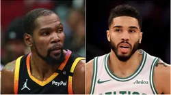 Kevin Durant looking on and Jayson Tatum #0 of the Boston Celtics.