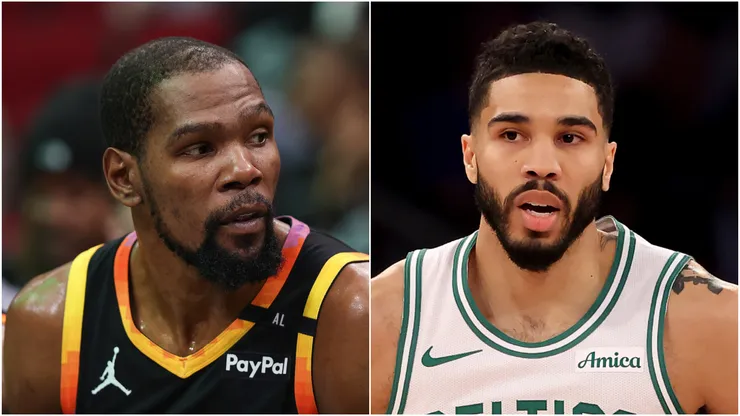 Kevin Durant looking on and Jayson Tatum #0 of the Boston Celtics.