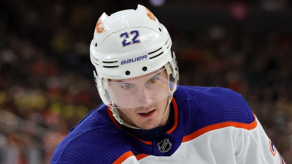 Tyson Barrie #22 of the Edmonton Oilers on January 14, 2023 in Las Vegas, Nevada.