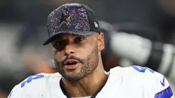 Dak Prescott talks after a tie game against the Packers on September 28, 2025 in Arlington, Texas.