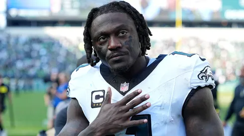 A.J. Brown #11 of the Philadelphia Eagles reacts.